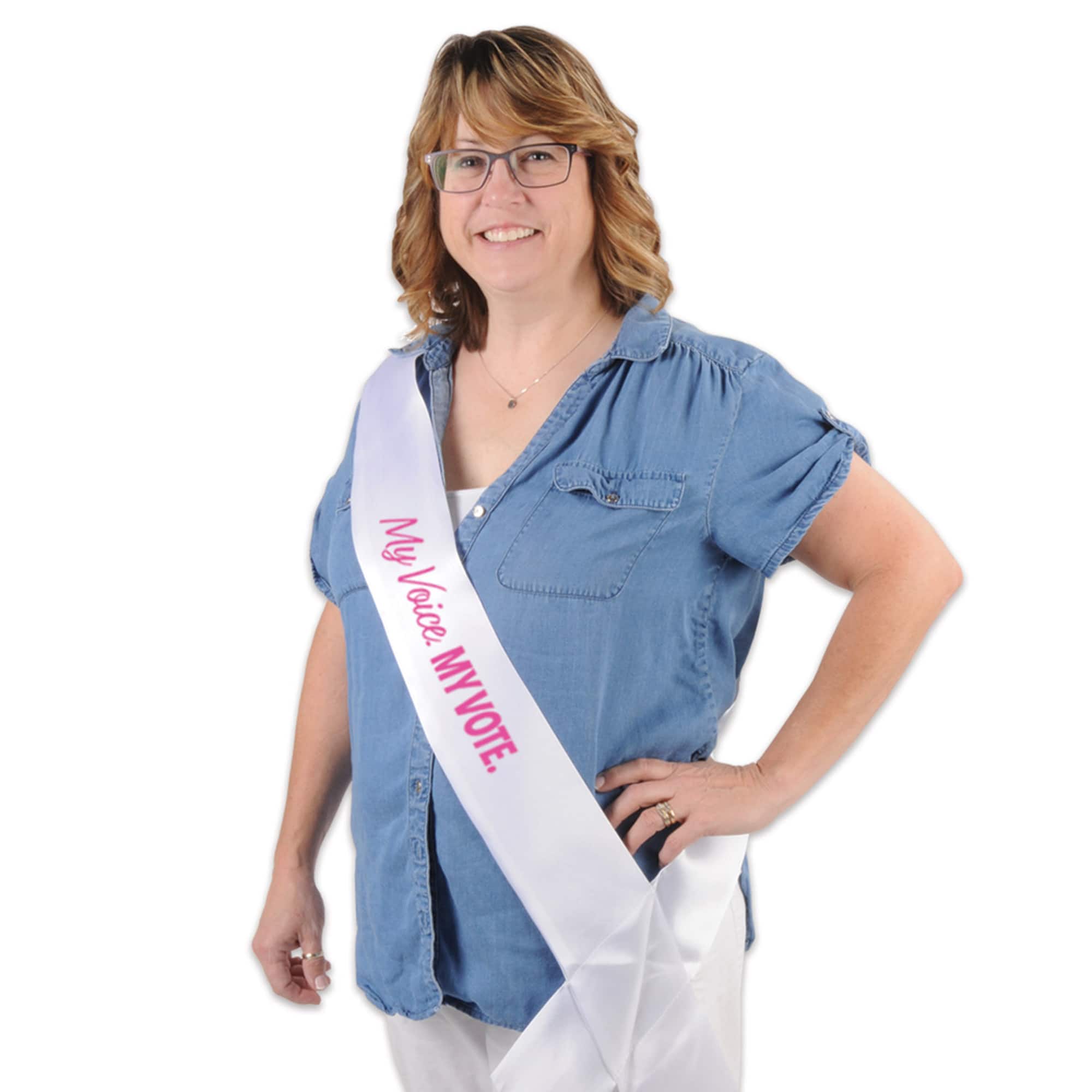 Beistle 33" White & Pink My Voice My Vote Satin Sash
